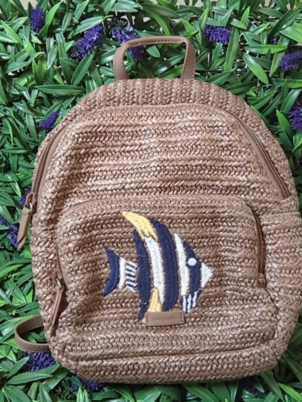 Vera Bradley Tan Woven Straw Backpack with Navy and Yellow Fish Patch